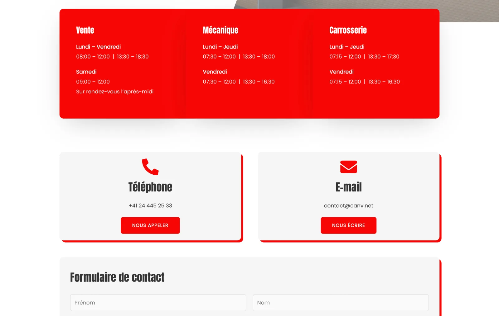 Opening hours, phone and e-mail blocks and the contact form