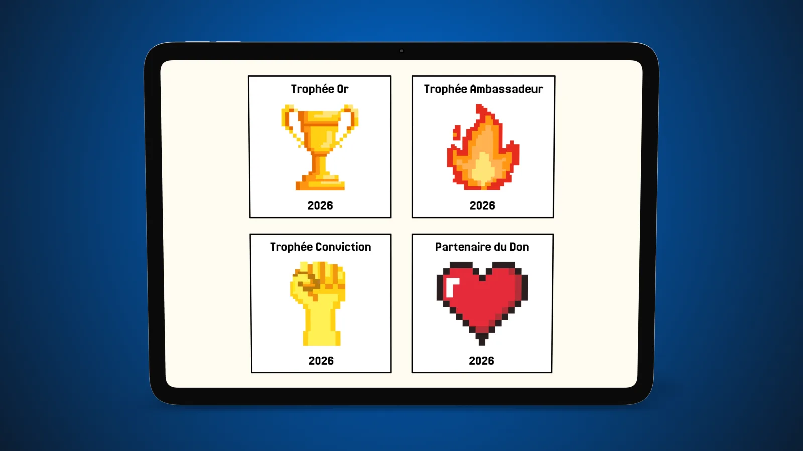 The three HUG Trophies and the 2026 Donation Partner Label, on a tablet