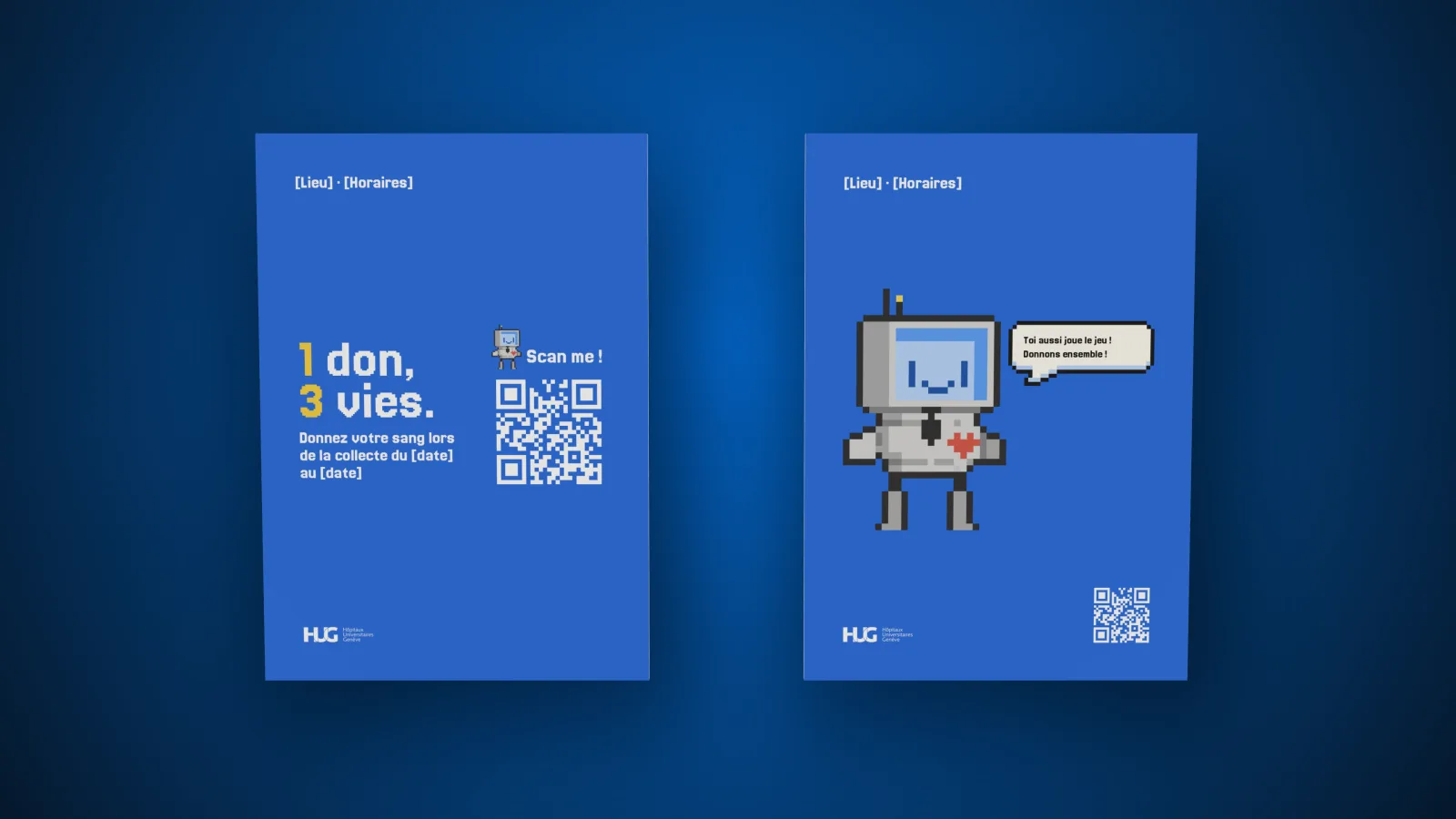 Two posters from the company kit: “1 donation, 3 lives.” and the poster with Roby