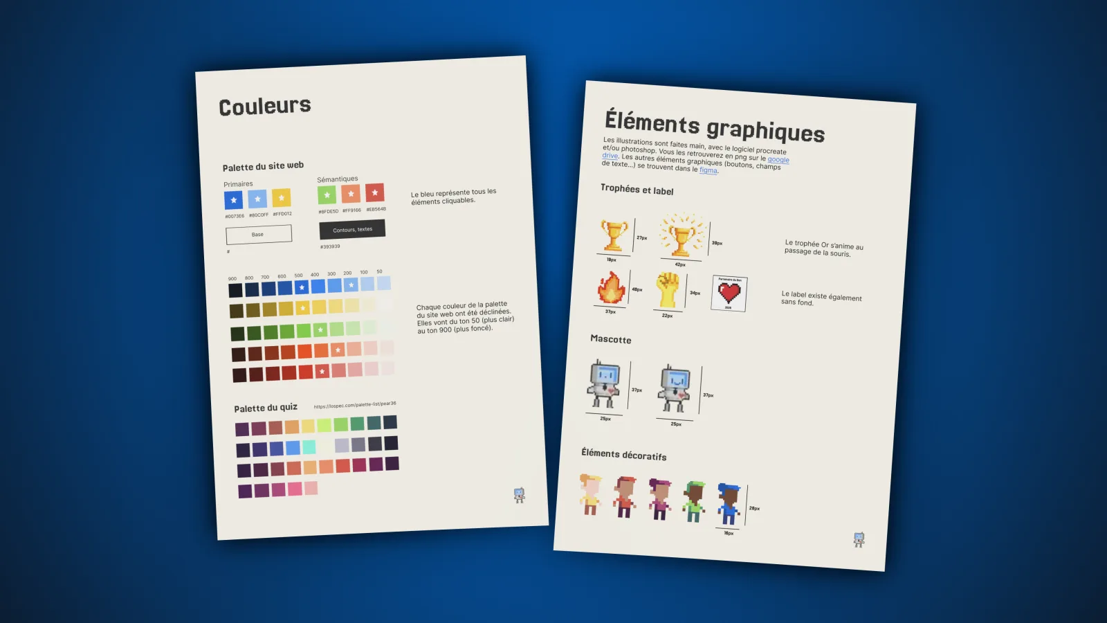 Deux pages de la charte graphique de donnons.ch : les couleurs et les éléments graphiques dessinés à la main