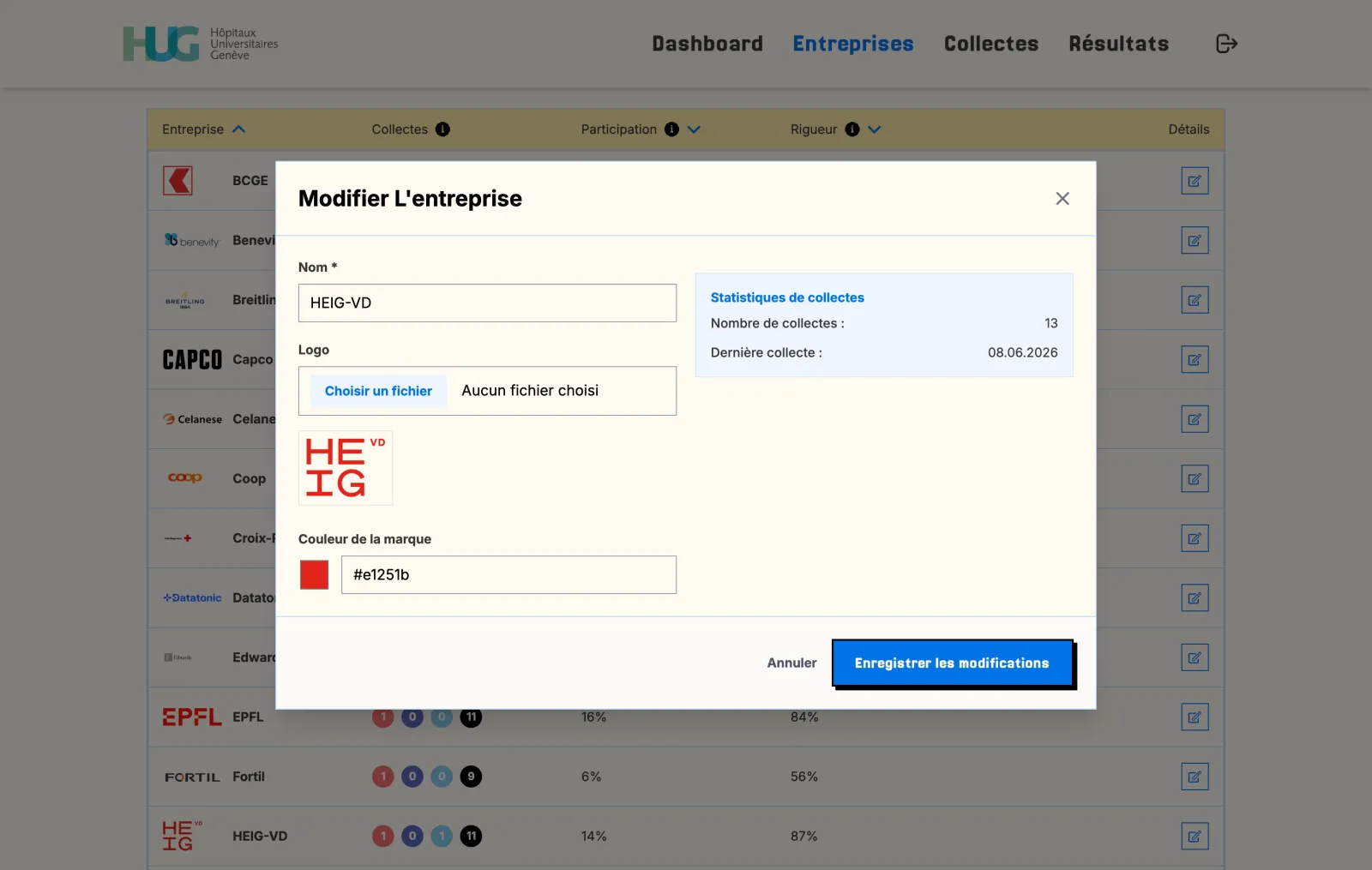 The company edit window (logo, brand colour) and its drive statistics