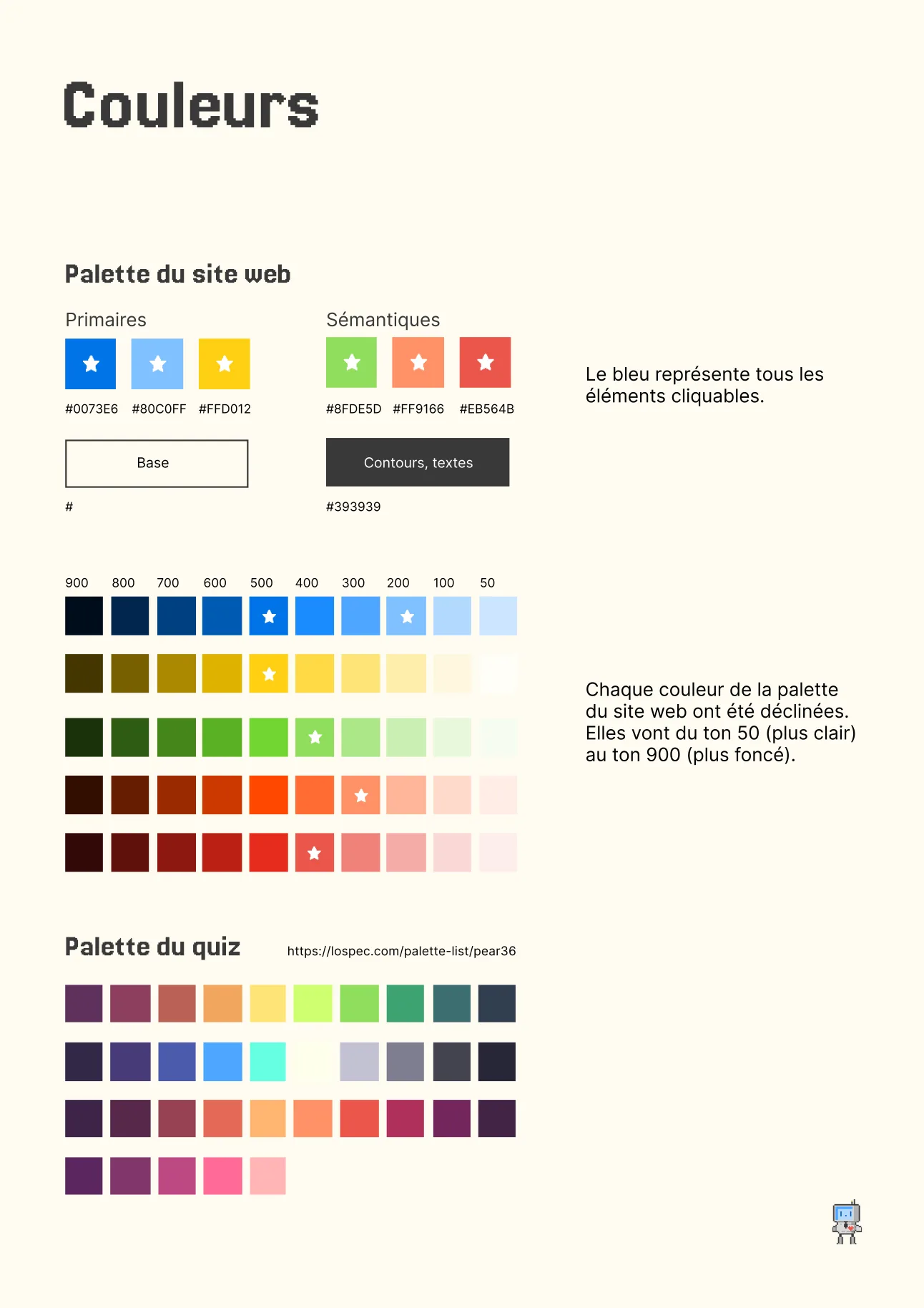 La page Couleurs de la charte : palettes du site web et du quiz, avec leurs déclinaisons