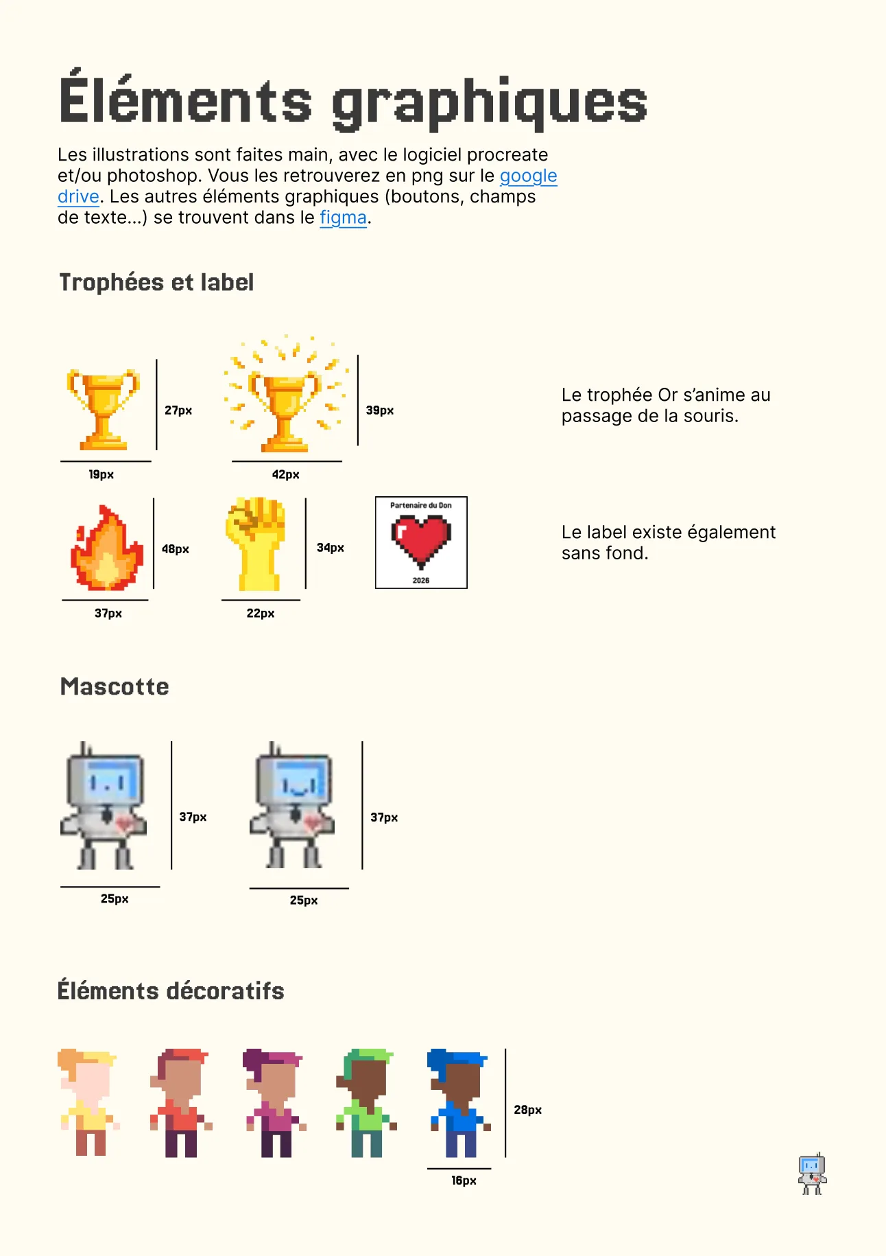 La page Éléments graphiques de la charte : trophées, label, mascotte Roby et personnages