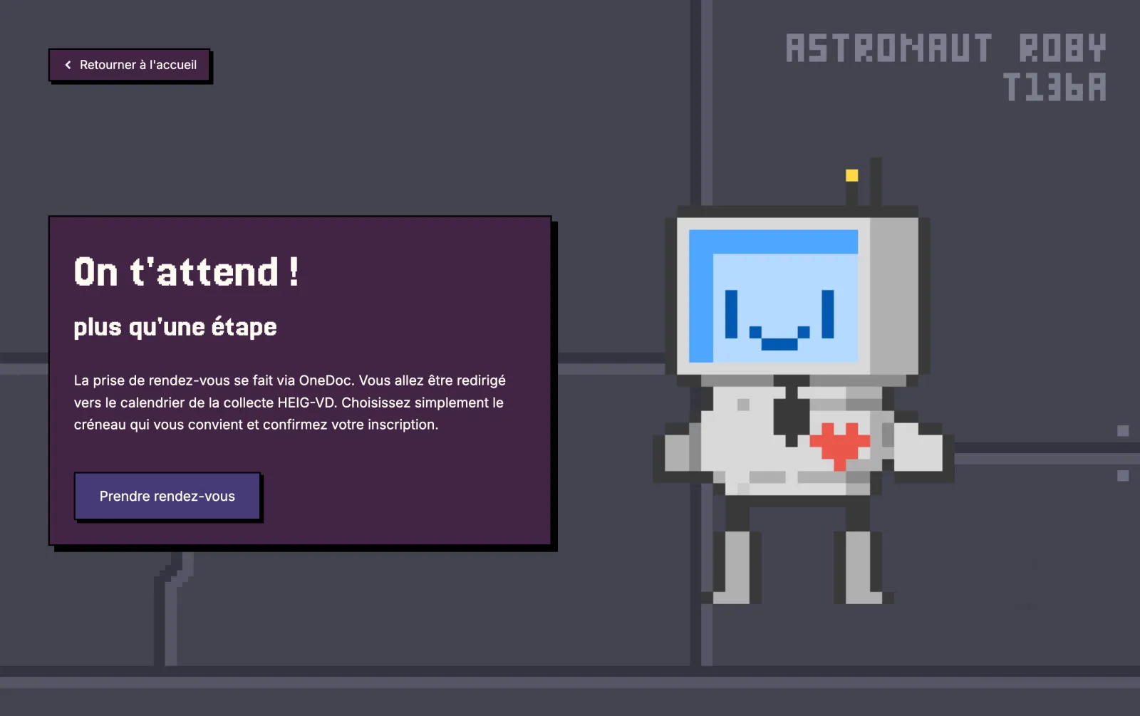 The final “See you there!” screen, with Roby as an astronaut and the booking link