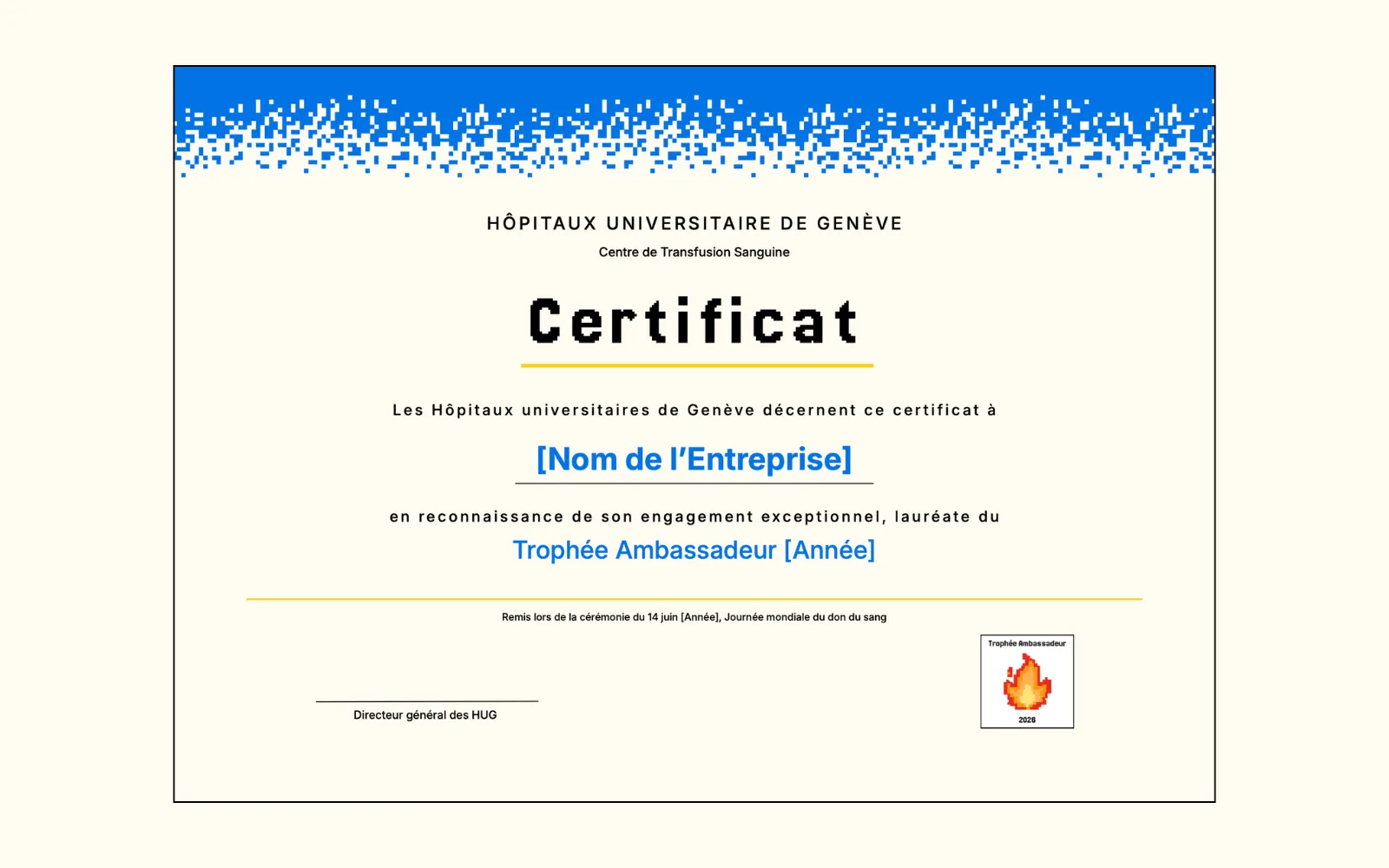 The certificate template given to companies that win a HUG Trophy