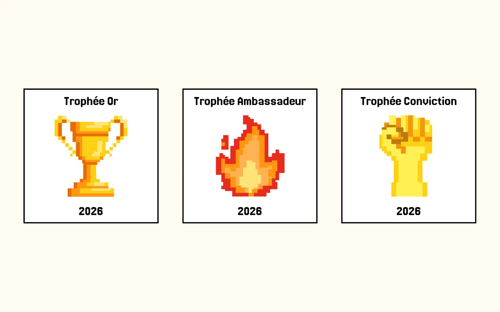 Les badges des trois Trophées HUG 2026 : Or, Ambassadeur et Conviction