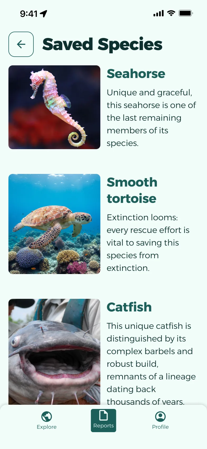 Species saved during a mission: seahorse, turtle, catfish