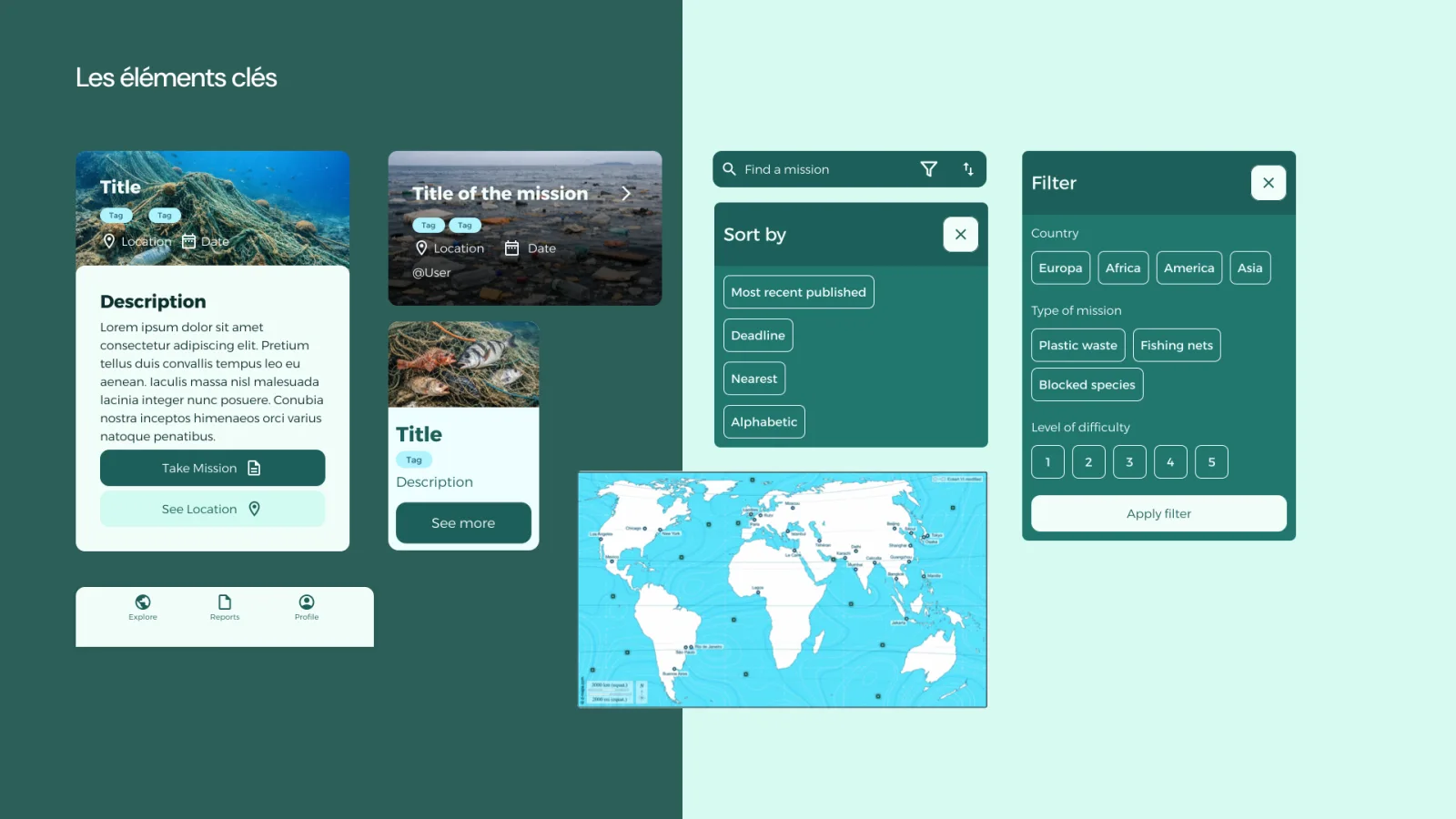 Key components: mission cards, sorting, filters, map and navigation bar