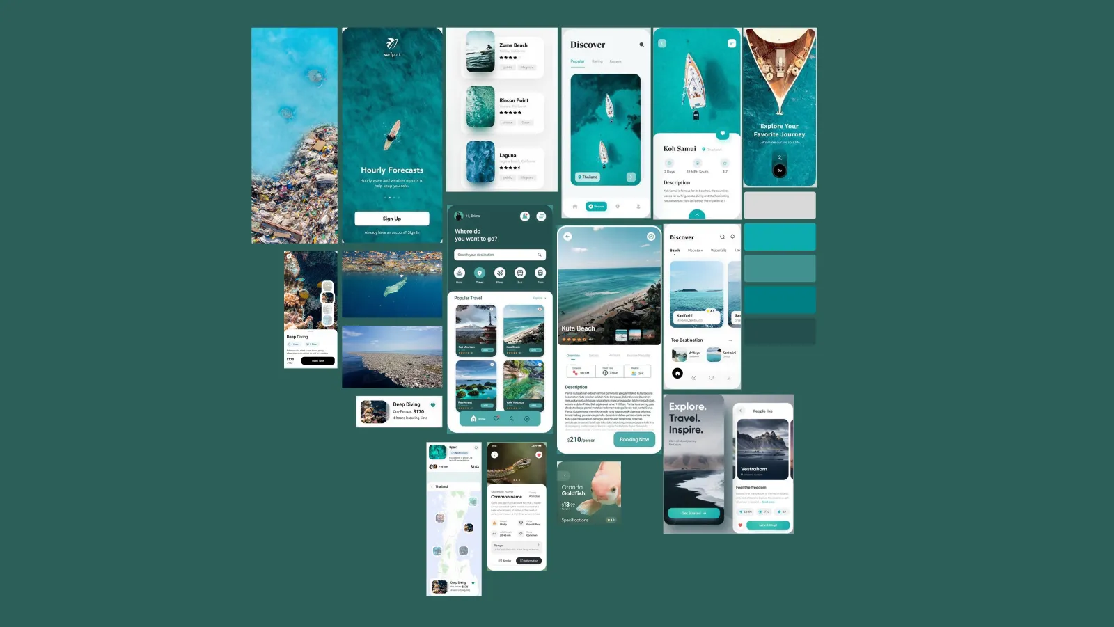 OceanSight moodboard: sea photos and reference app screens