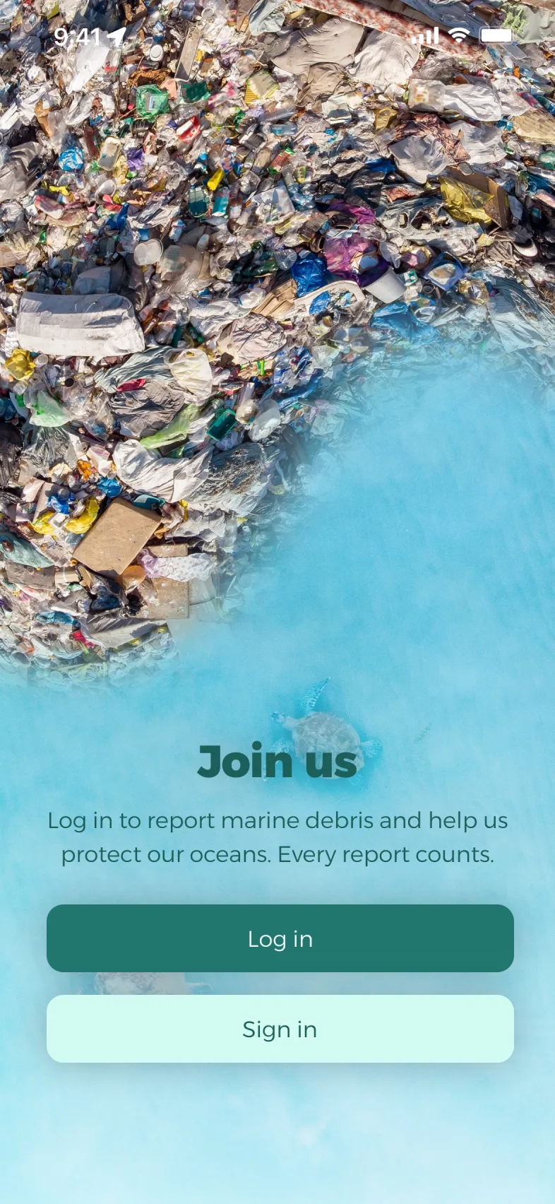 The “Join us” welcome screen, with log in and sign up