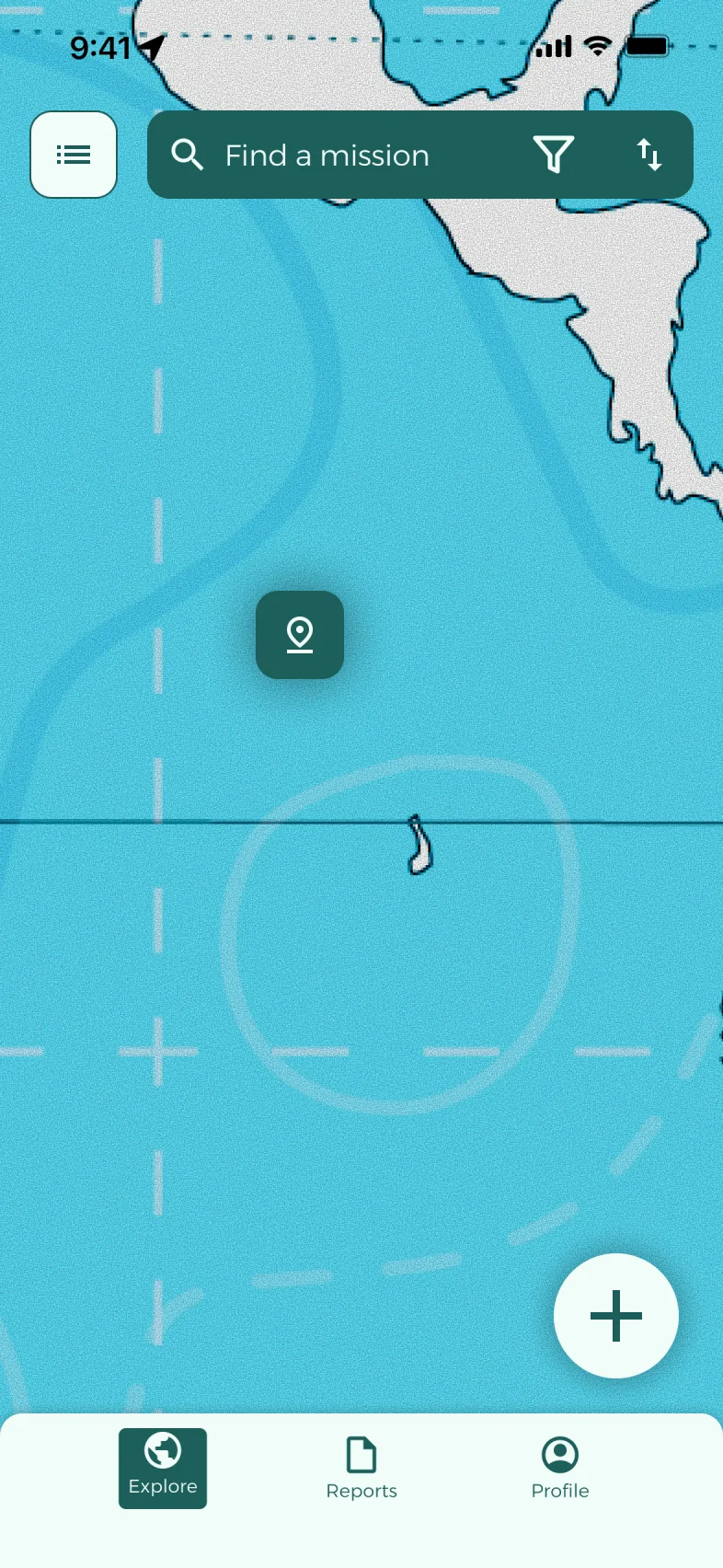 The mission map, with search, filters and the “+” button