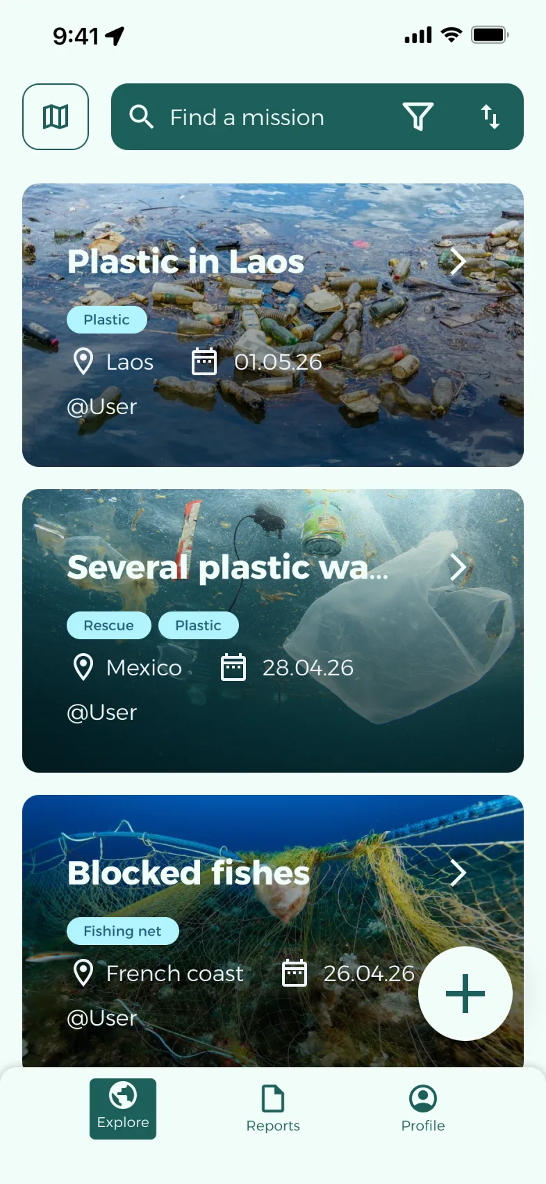 The mission list, with litter type, location and date
