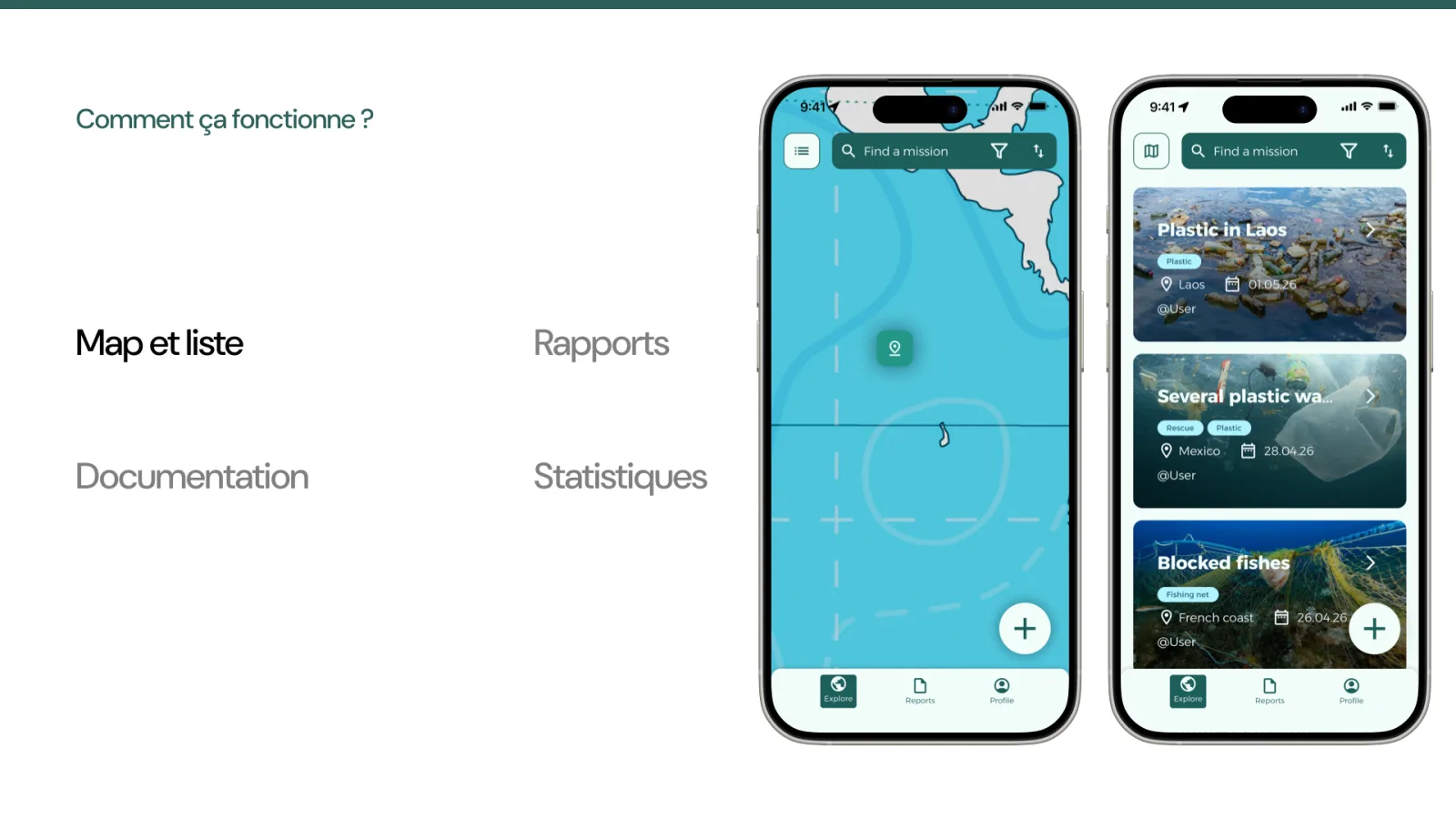 “How it works” slide: the mission map and list