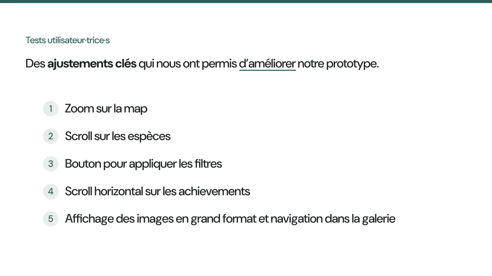Slide of the five changes made after user testing