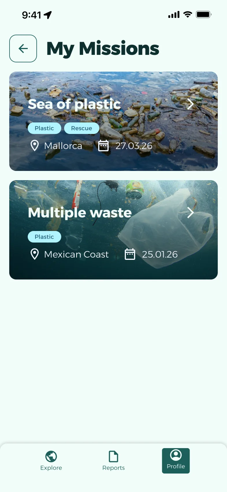 The user’s list of missions