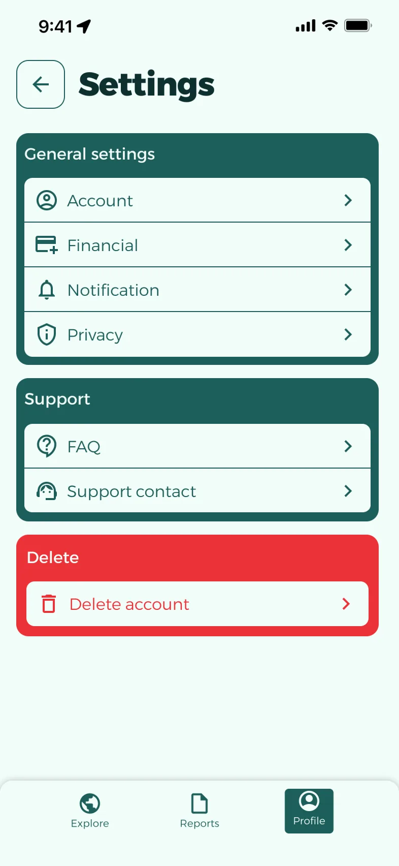 The Settings page: account, payment, notifications, privacy, FAQ, support and account deletion