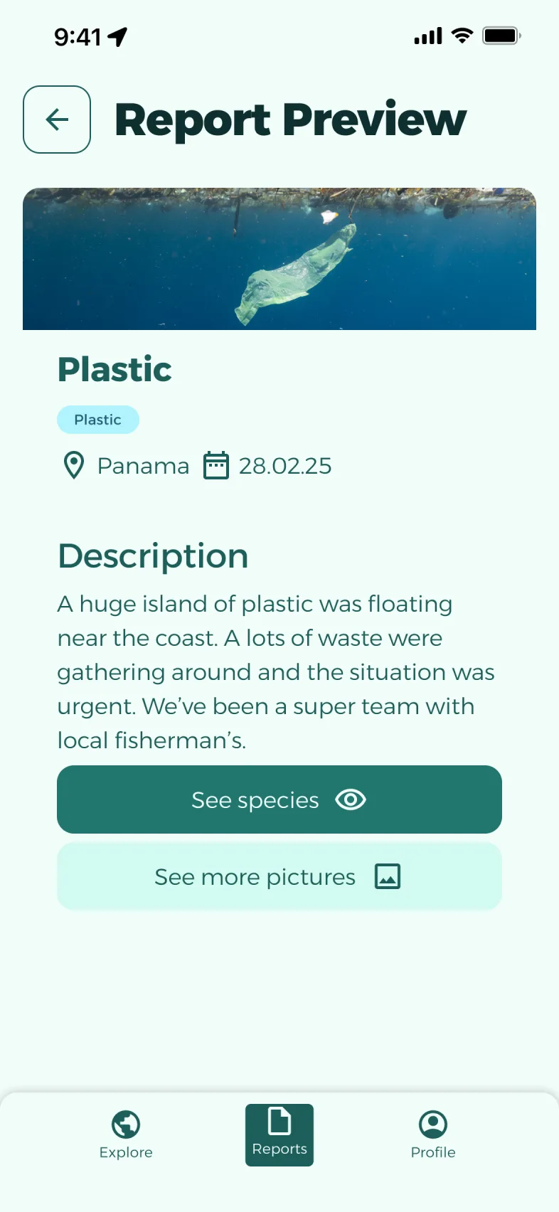 A report preview, with species and photos