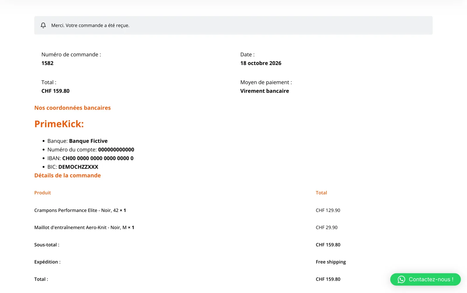 The order received page, with the fictional bank details