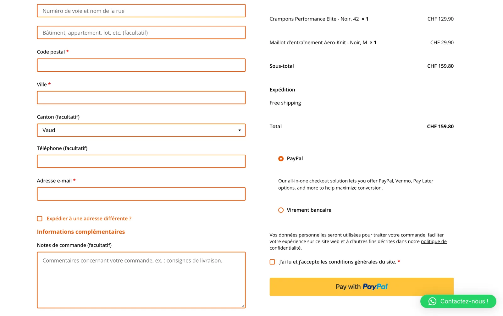 Checkout: details, order summary, PayPal or bank transfer