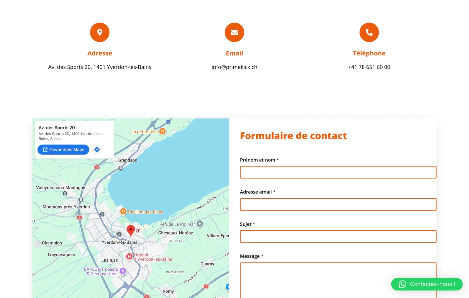 The Contact page: address, e-mail, phone, map and form