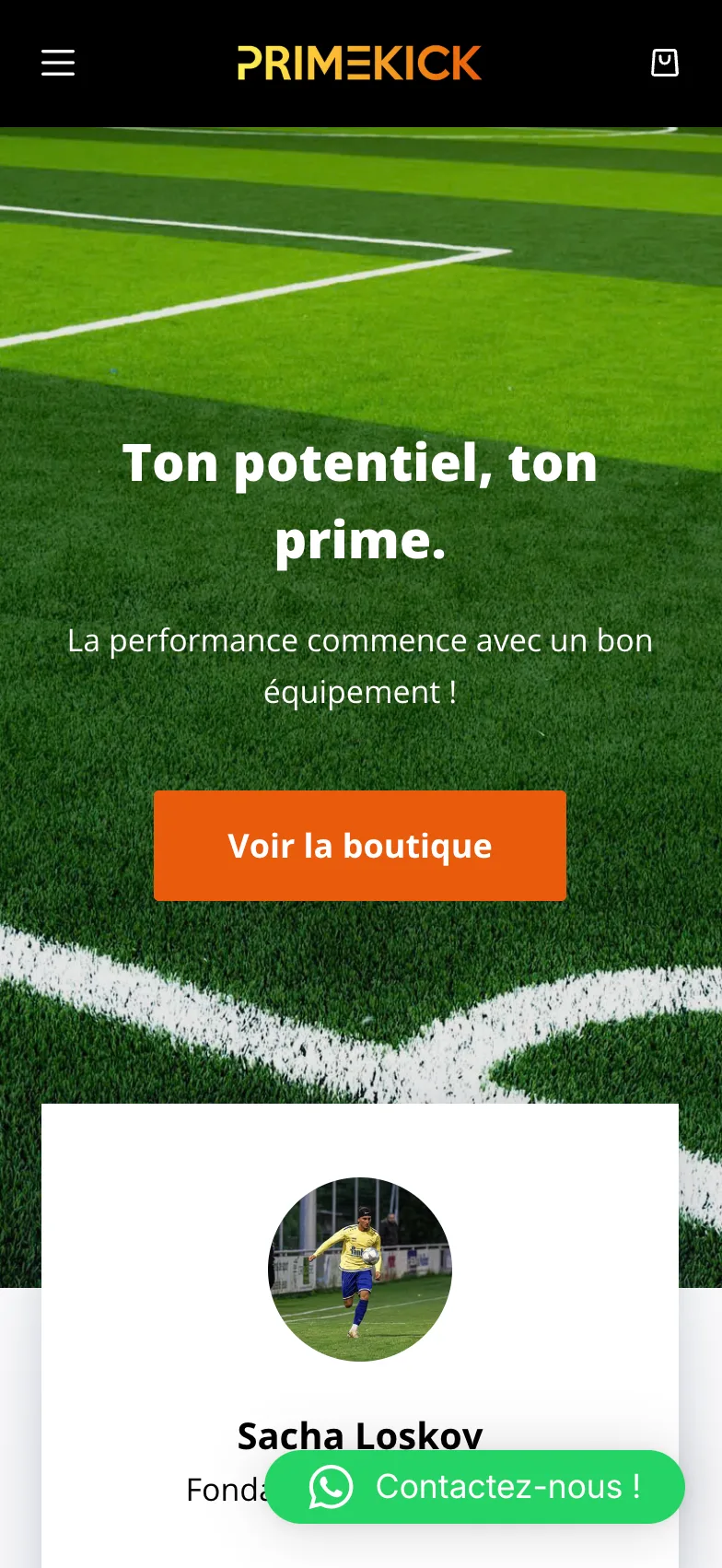 The PrimeKick home page on mobile