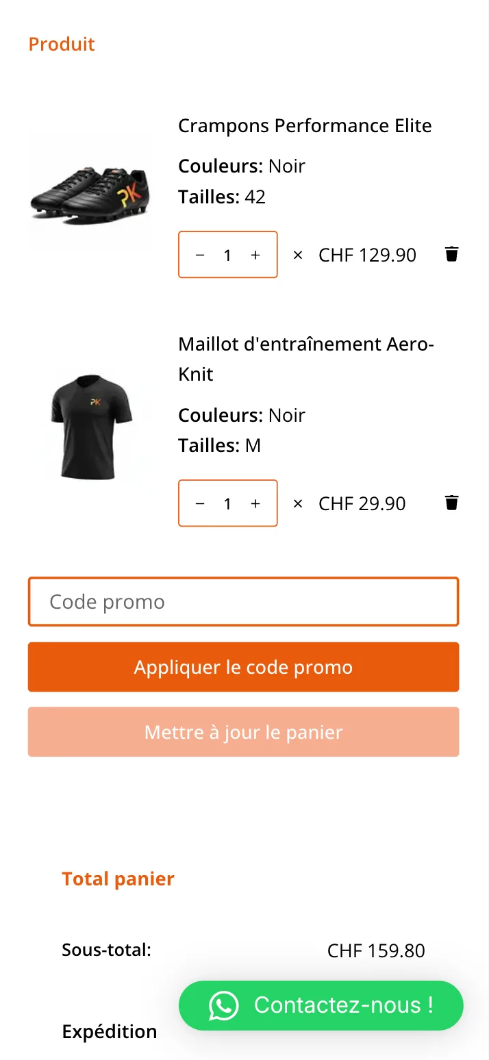 The cart on mobile, with a shirt and boots
