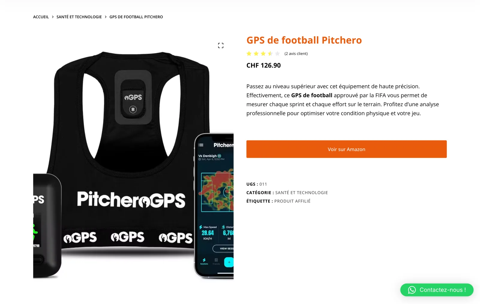 The Pitchero GPS product page, with the “Voir sur Amazon” button